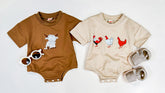 Boy Farm Print Romper (Short) Clothing CVA Products Chicken Crewneck Light Brown 0-3M