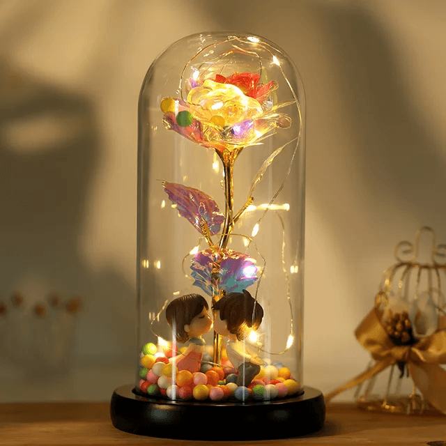 Valentines Day Gift LED Light String Colorful Gold Foil Rose Flowers Enchanted Rainbow in Glass Dome - CVA Products