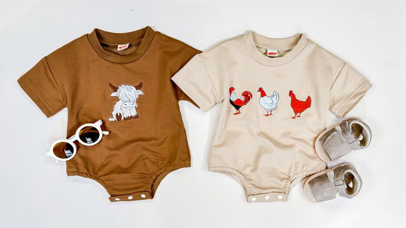 Boy Farm Print Romper (Short) Clothing CVA Products Chicken Crewneck Light Brown 0-3M