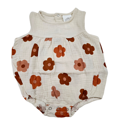 GIRL - Flower Print Summer Romper Clothing CVA Products Daisy Linen - Brown 12-18M