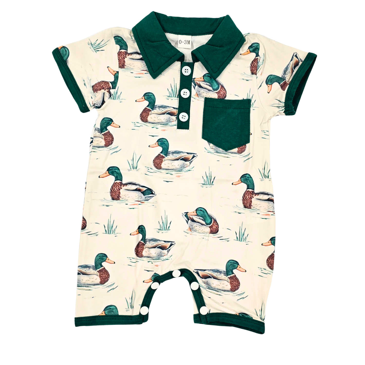 Boy Farm Print Romper (Short) Clothing CVA Products Duck Green Jumpsuit 0-3M