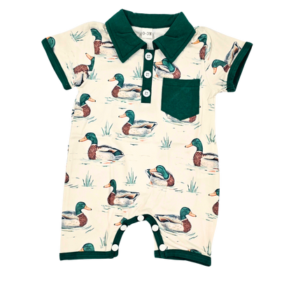 Boy Farm Print Romper (Short) Clothing CVA Products Duck Green Jumpsuit 0-3M