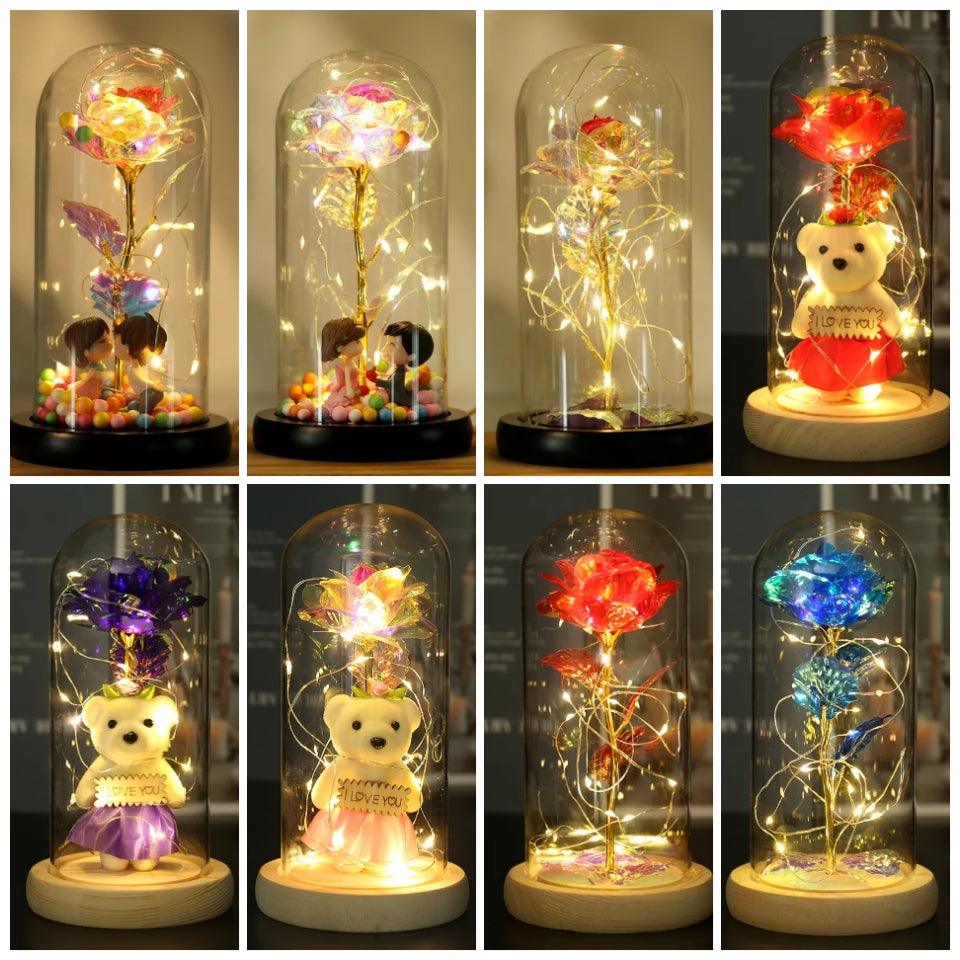 Valentines Day Gift LED Light String Colorful Gold Foil Rose Flowers Enchanted Rainbow in Glass Dome For the Home CVA Products