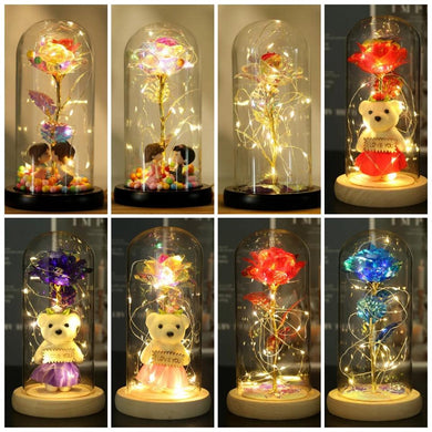 Valentines Day Gift LED Light String Colorful Gold Foil Rose Flowers Enchanted Rainbow in Glass Dome - CVA Products