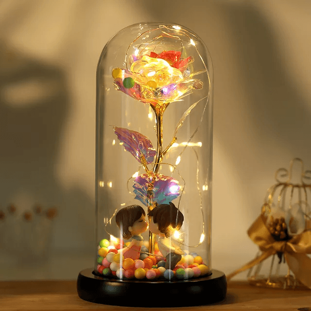 Valentines Day Gift LED Light String Colorful Gold Foil Rose Flowers Enchanted Rainbow in Glass Dome For the Home CVA Products 1
