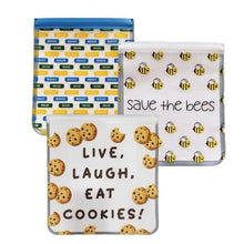 Load image into Gallery viewer, Ziparoos Reusable 3-piece Quart Storage Bag Set - Save the Bees, Eat Cookies, Reduce/Reuse/Recycle - CVA Products

